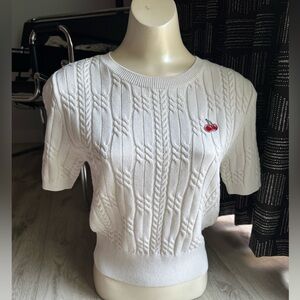 KIRSH Creme Ivory & Cherry Cotton Cable Knit Short Sleeve Sweater Blouse sz 2